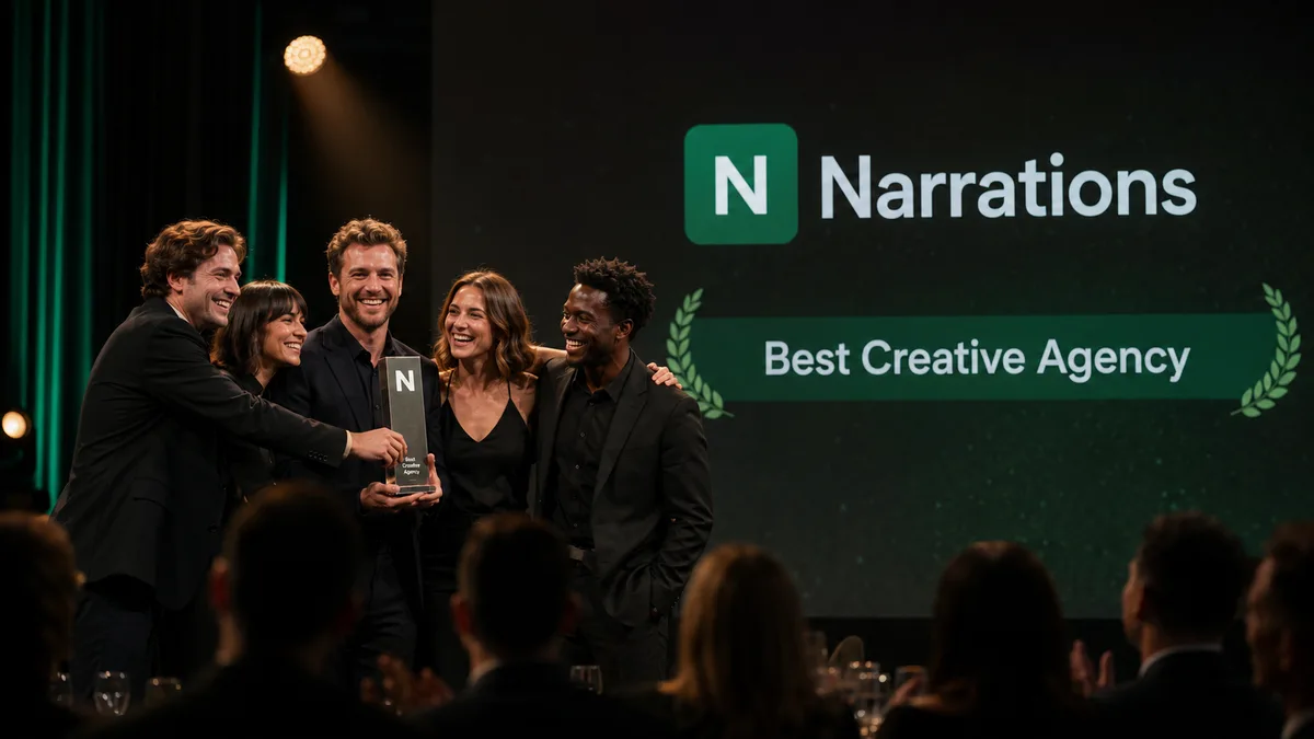 The Narrations team on stage accepting the Best Creative Agency award, a visual generated inside Narrations.